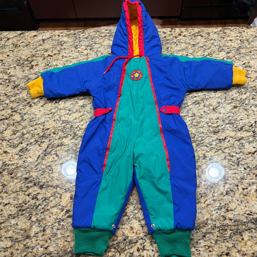 Vintage Gymboree Kids XS Colorblock Snowsuit Blue Green Red Hooded One Piece v